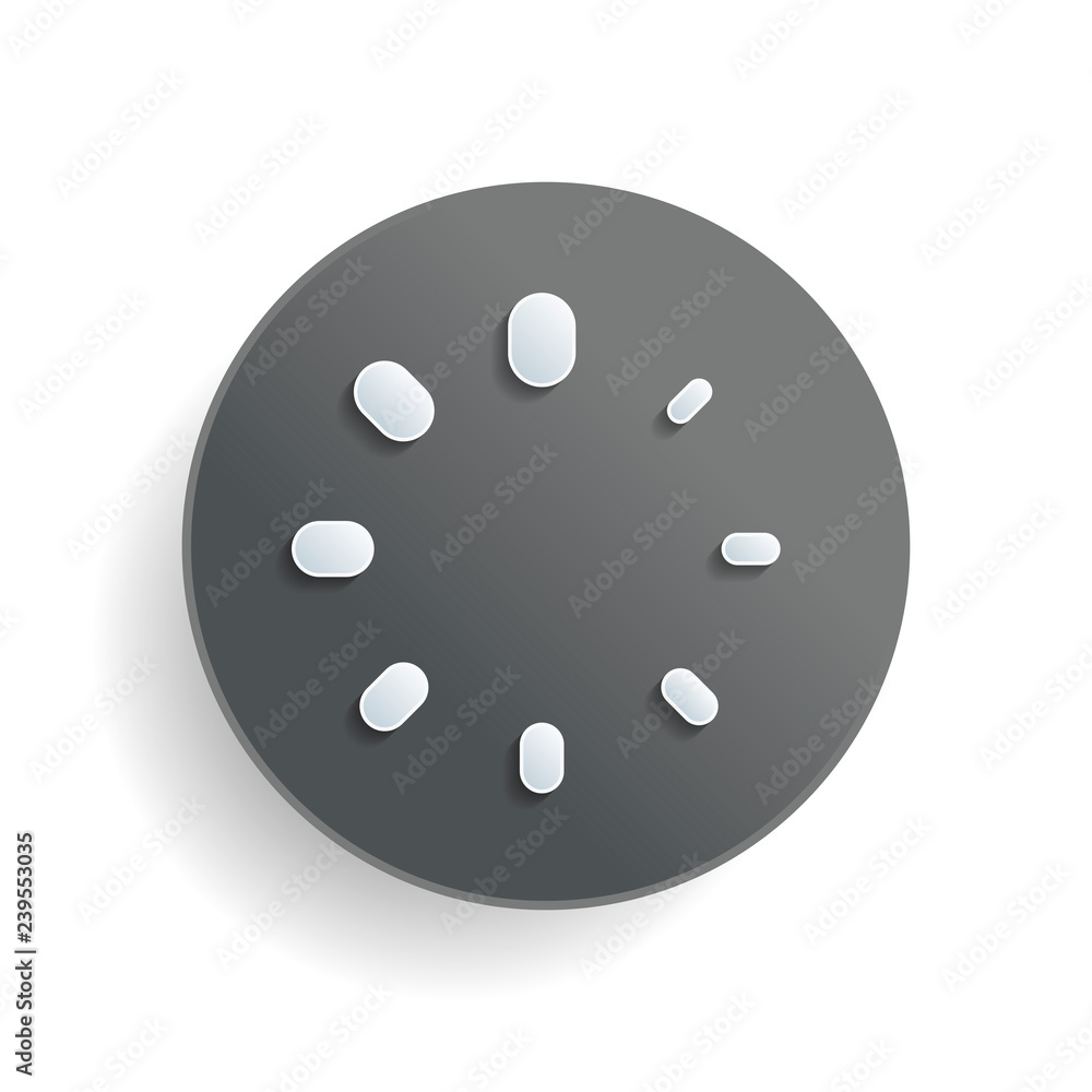 Poster simple loading symbol. white paper symbol on gray round button or badge with shadow