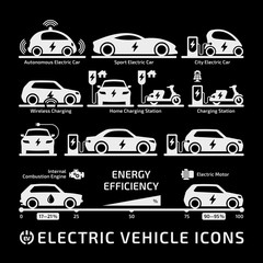 Electric vector vehicle white shape icon set on a black background. Electricity transport silhouette collection with charger station.