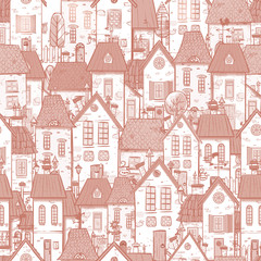 Seamless pattern with cartoon doodle houses. Can be used for wallpaper, pattern fills, textile, web page background, surface textures.