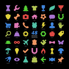  Large vector basic icons shapes set. Flat pictogram big collection. Color isolated signs. Simple symbol of hourglass, wrench, fir, shirt, glass, leaf, funnel, shield, bone, camera, home, fan, trolley