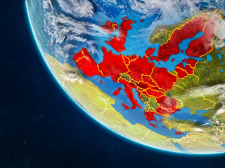 European Union on planet Earth from space with country borders. Very fine detail of planet surface and clouds.