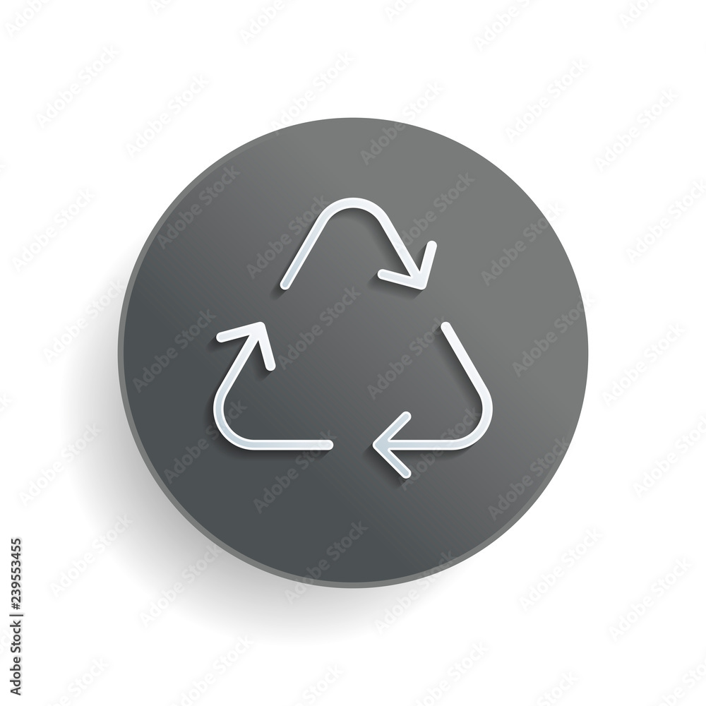 Poster recycle or reuse icon. thin arrows, linear style. white paper symbol on gray round button or badge w