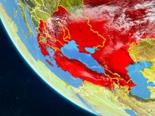 BSEC countries on planet Earth from space with country borders. Very fine detail of planet surface and clouds.