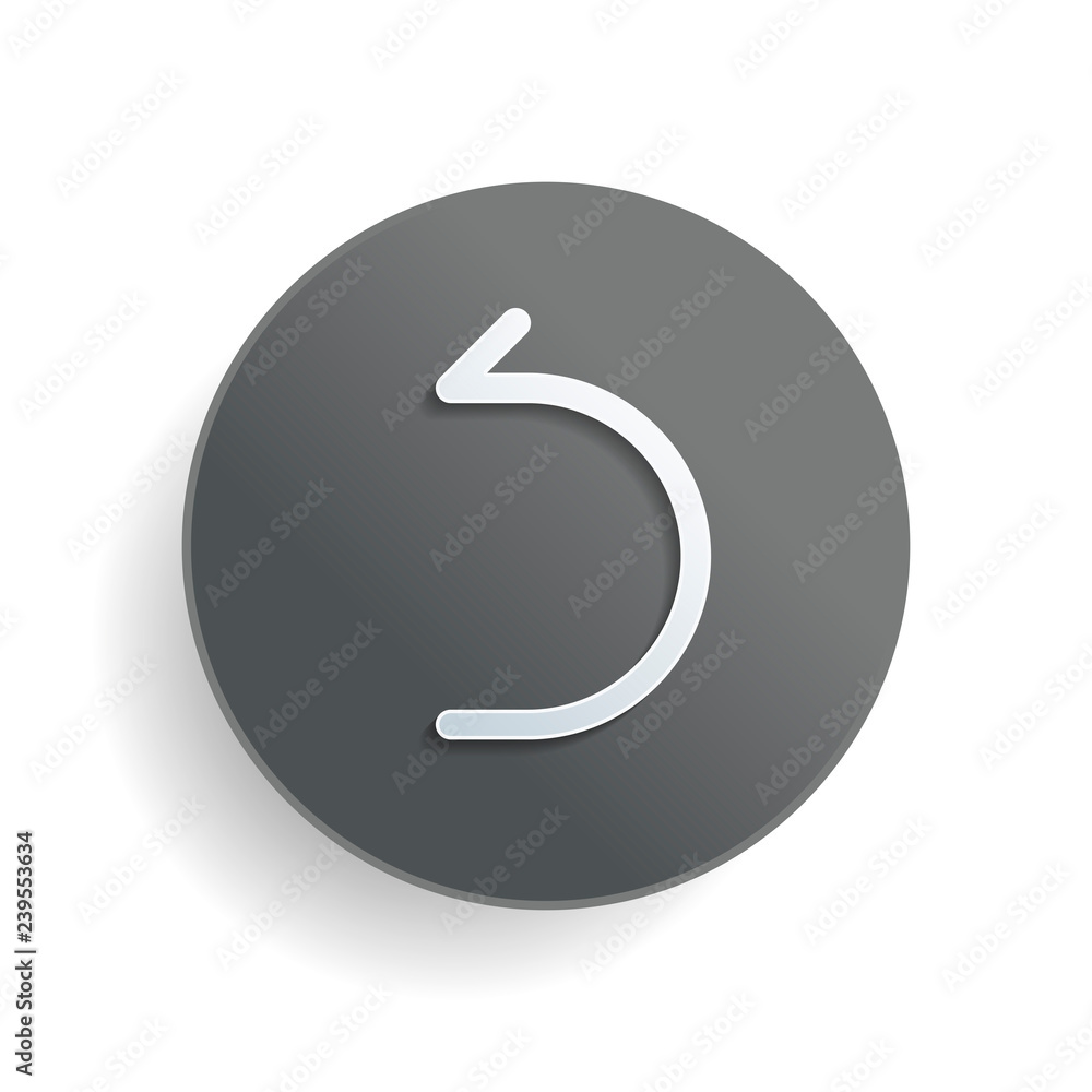 Aufkleber simple arrow, backward. linear, thin outline. white paper symbol on gray round button or badge with 
