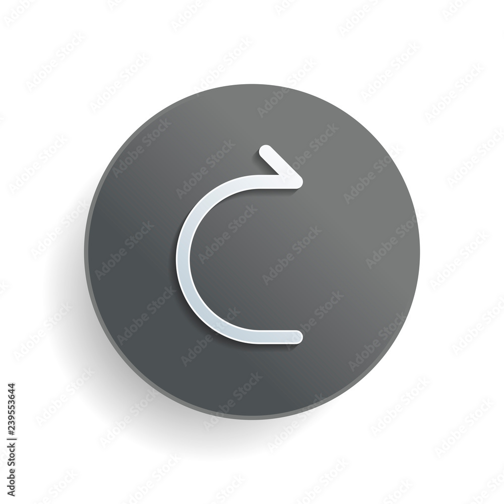Poster simple arrow, forward. linear, thin outline. white paper symbol on gray round button or badge with s