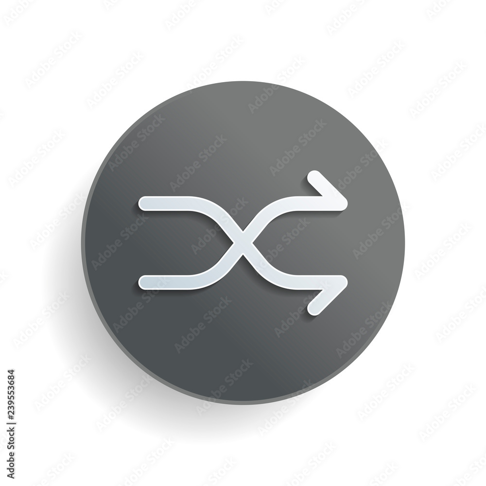 Poster crossed simple arrows. linear, thin outline. white paper symbol on gray round button or badge with s