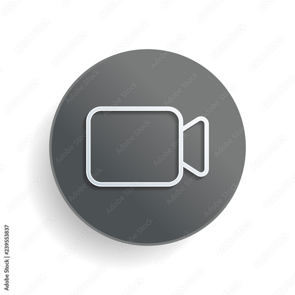 Poster video camera icon. linear, thin outline. white paper symbol on gray round button or badge with shado