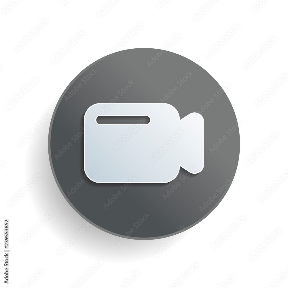 Poster Simple video camera icon. White paper symbol on gray round button or badge with shadow