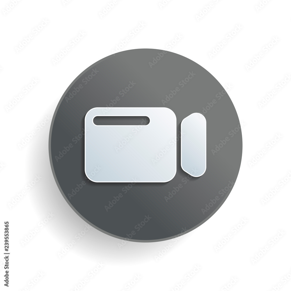 Poster Simple video camera icon. White paper symbol on gray round button or badge with shadow