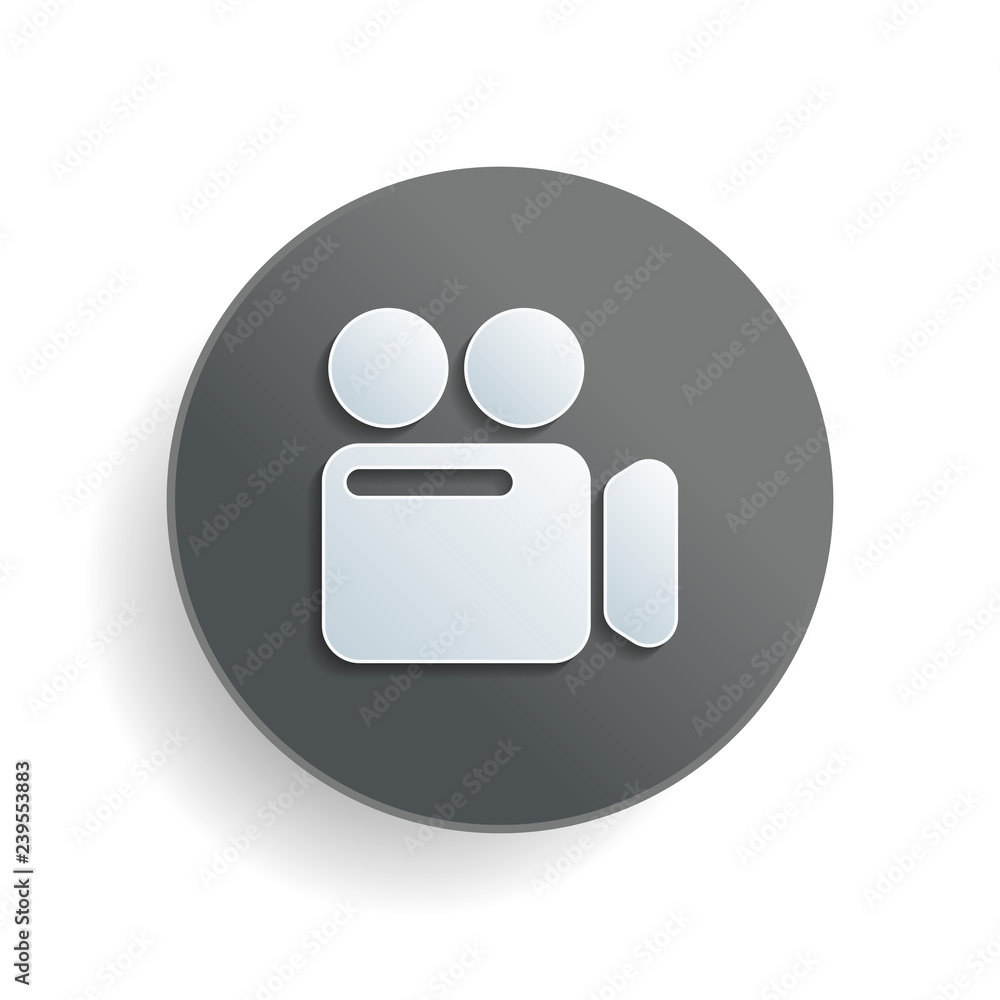 Aufkleber simple video camera icon. white paper symbol on gray round button or badge with shadow