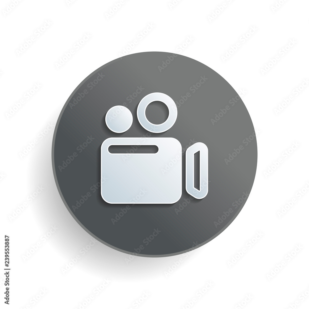 Aufkleber simple video camera icon. white paper symbol on gray round button or badge with shadow