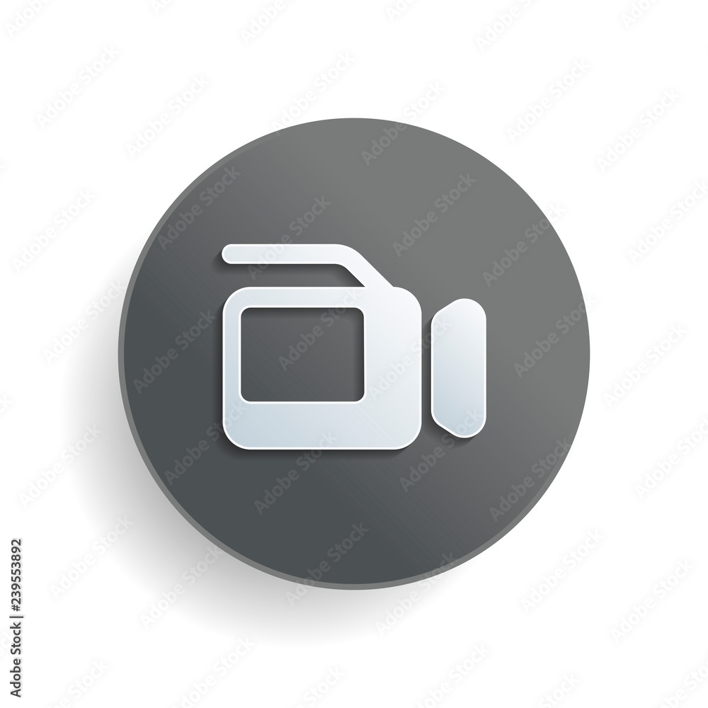 Poster video camera with screen. white paper symbol on gray round button or badge with shadow