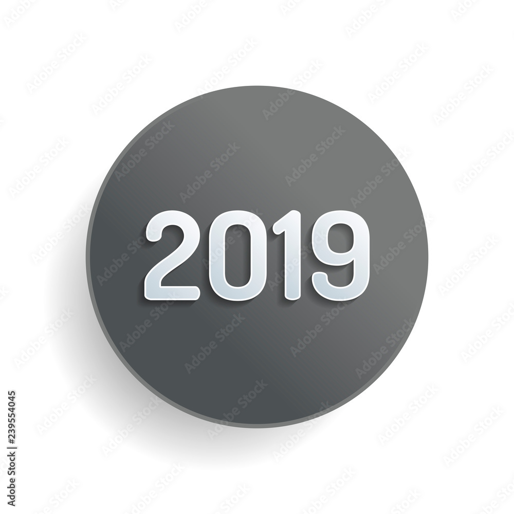 Poster 2019 number icon. happy new year. white paper symbol on gray round button or badge with shadow