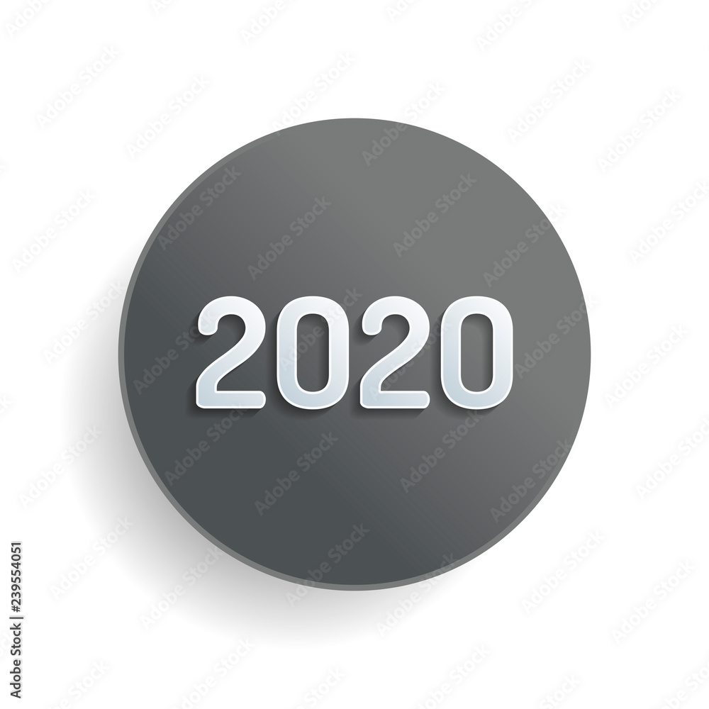 Aufkleber 2020 number icon. happy new year. white paper symbol on gray round button or badge with shadow