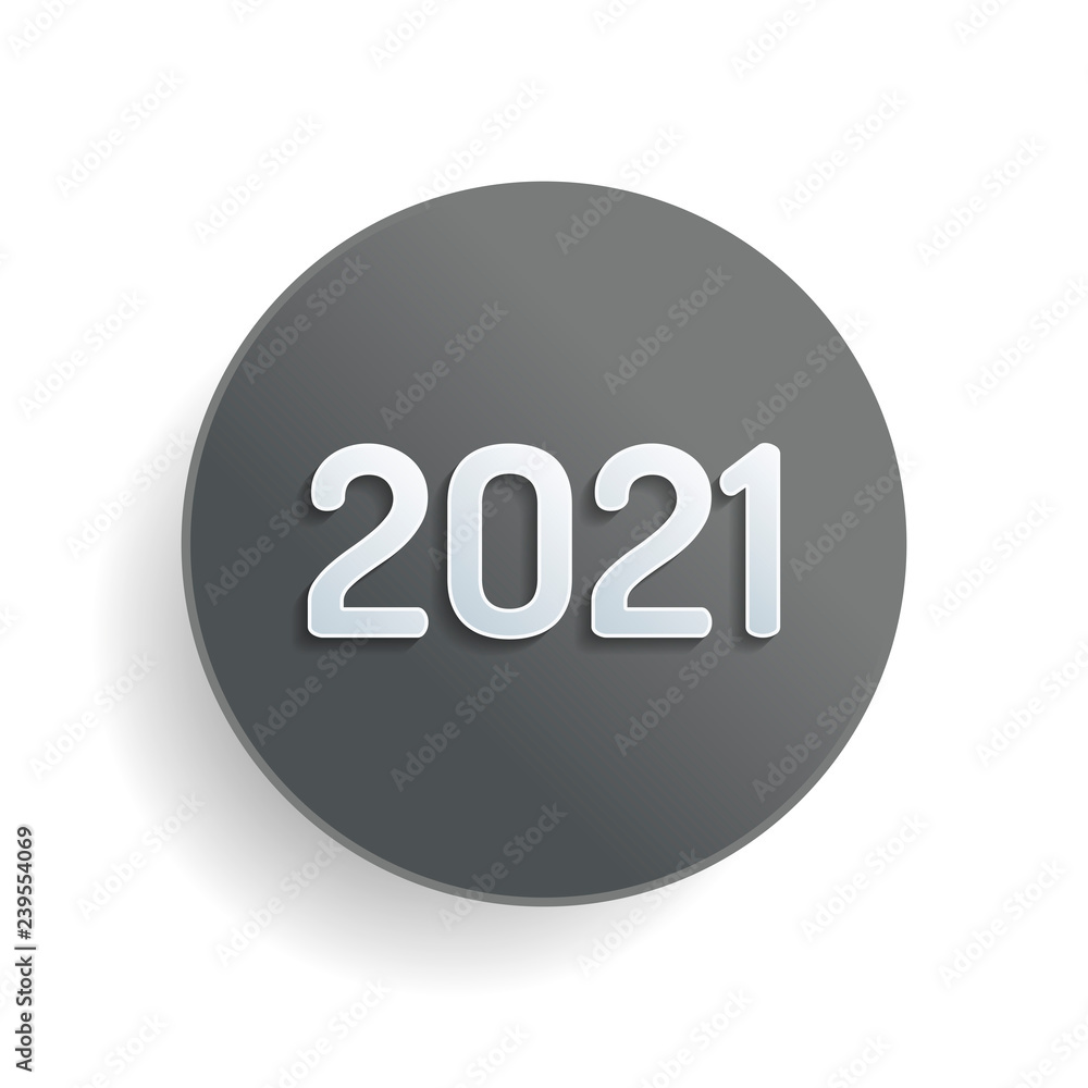 Aufkleber 2021 number icon. happy new year. white paper symbol on gray round button or badge with shadow