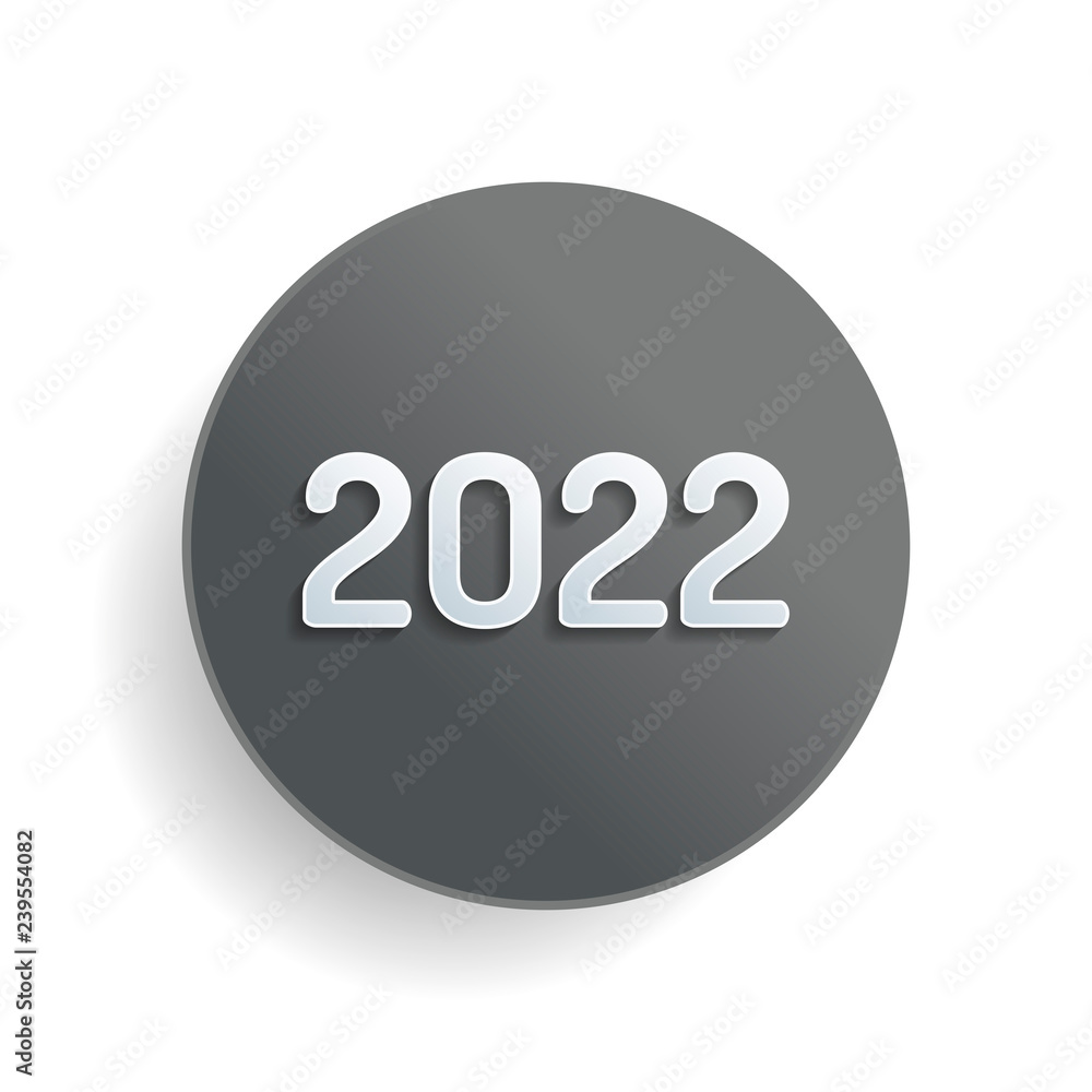 Aufkleber 2022 number icon. happy new year. white paper symbol on gray round button or badge with shadow