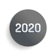 2020 number icon. Happy New Year. White paper symbol on gray round button or badge with shadow