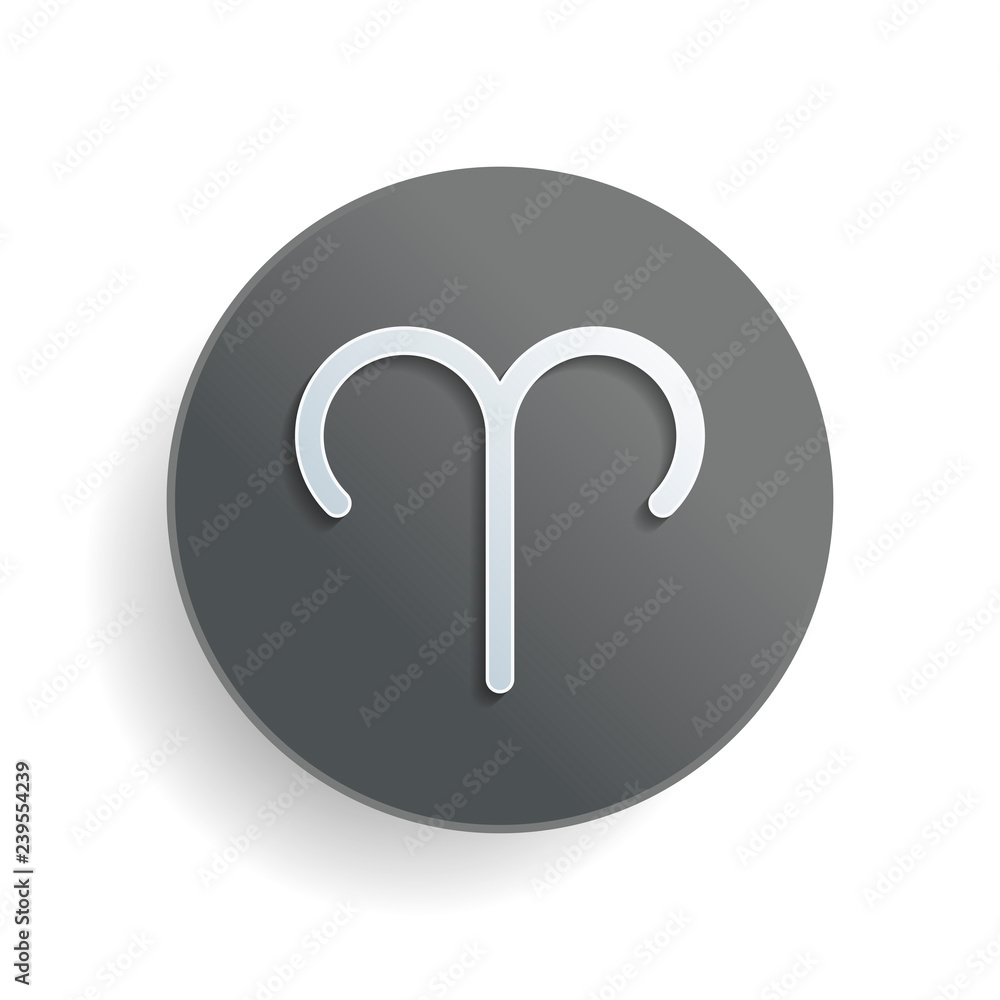 Poster astrological sign. aries simple icon. white paper symbol on gray round button or badge with shadow