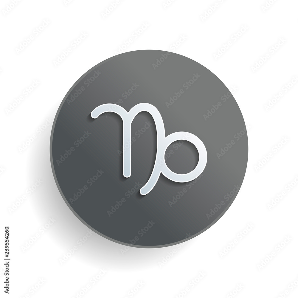 Poster astrological sign. capricorn simple icon. white paper symbol on gray round button or badge with shad