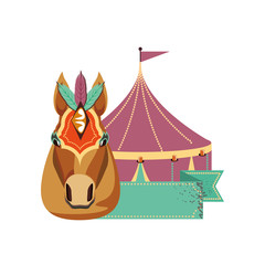 head of horse with circus tent