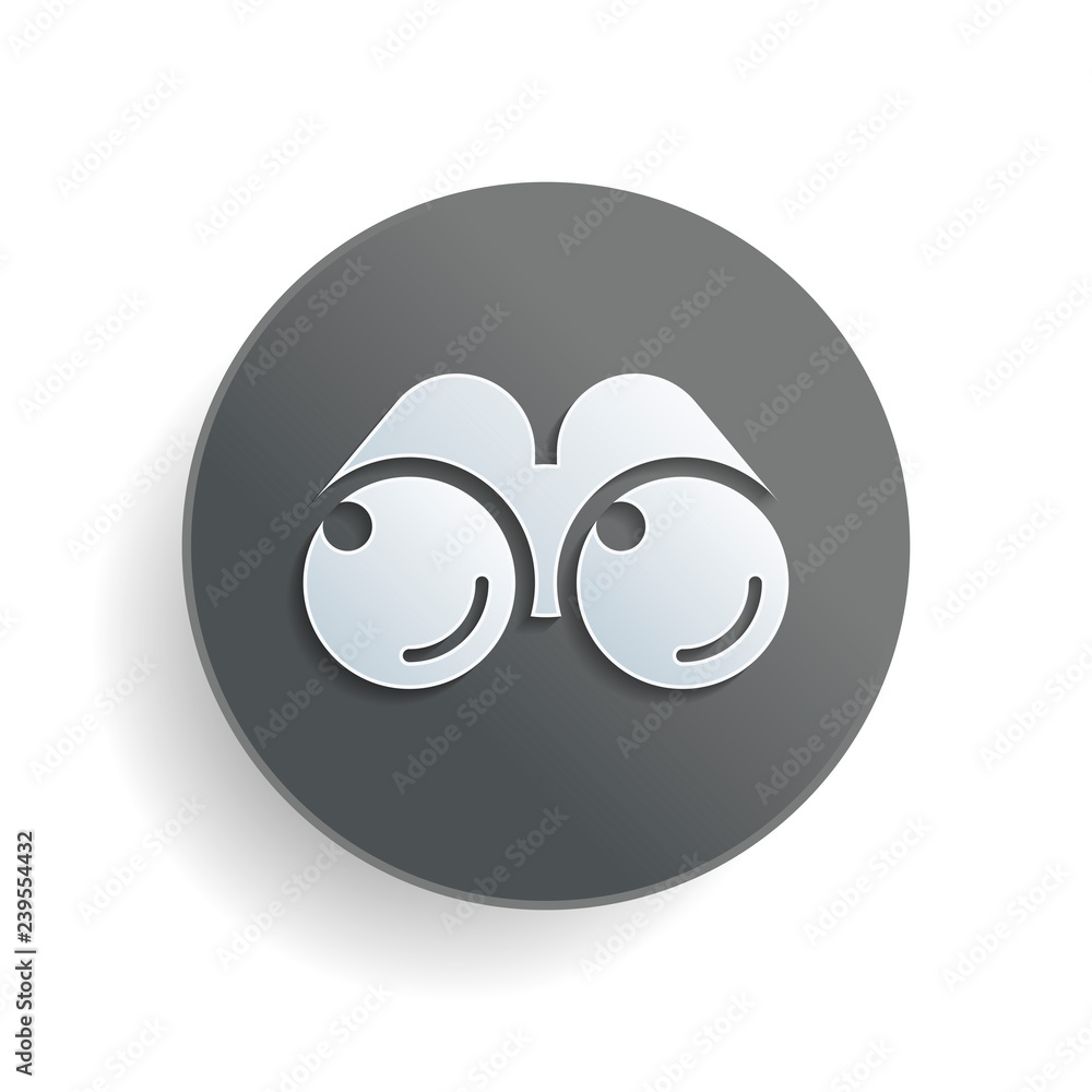 Poster simple binocular icon. white paper symbol on gray round button or badge with shadow