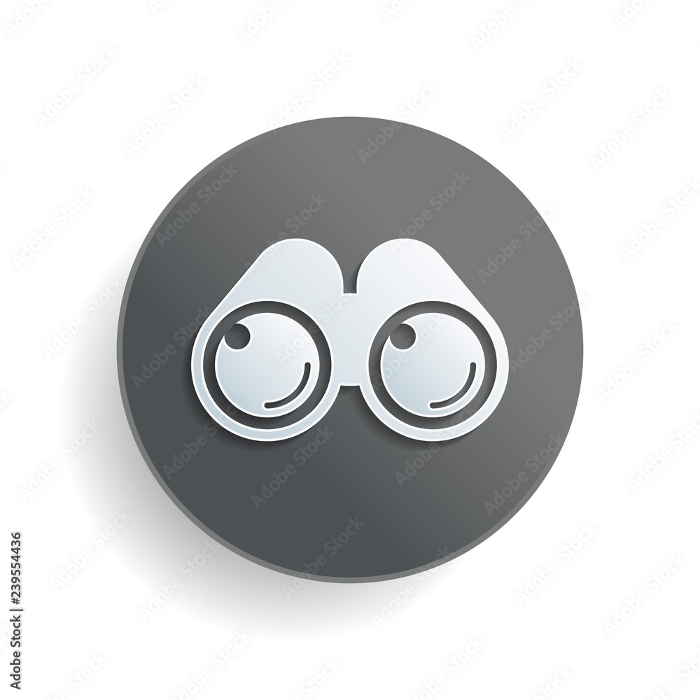 Poster simple binocular icon. white paper symbol on gray round button or badge with shadow