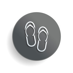 Beach slippers. Flip flops icon. White paper symbol on gray round button or badge with shadow