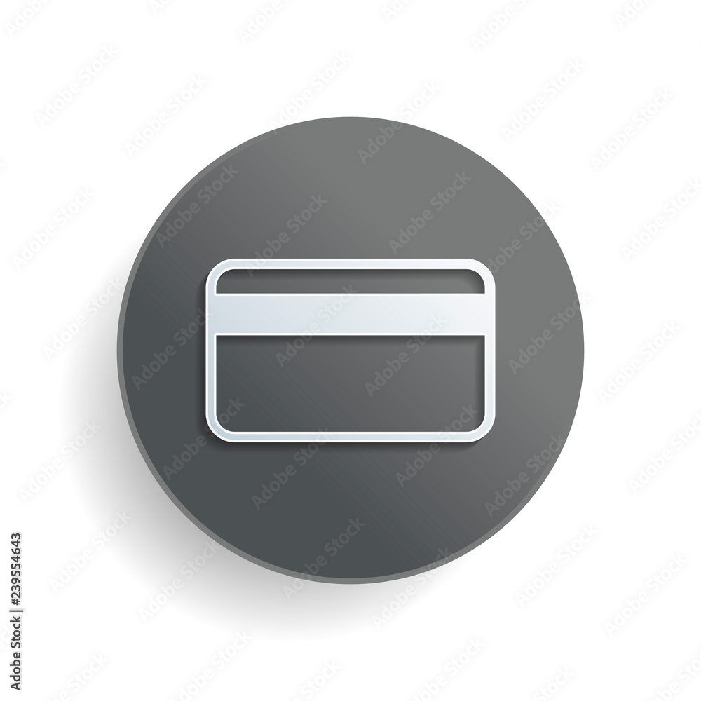 Poster simple credit card icon. white paper symbol on gray round button or badge with shadow