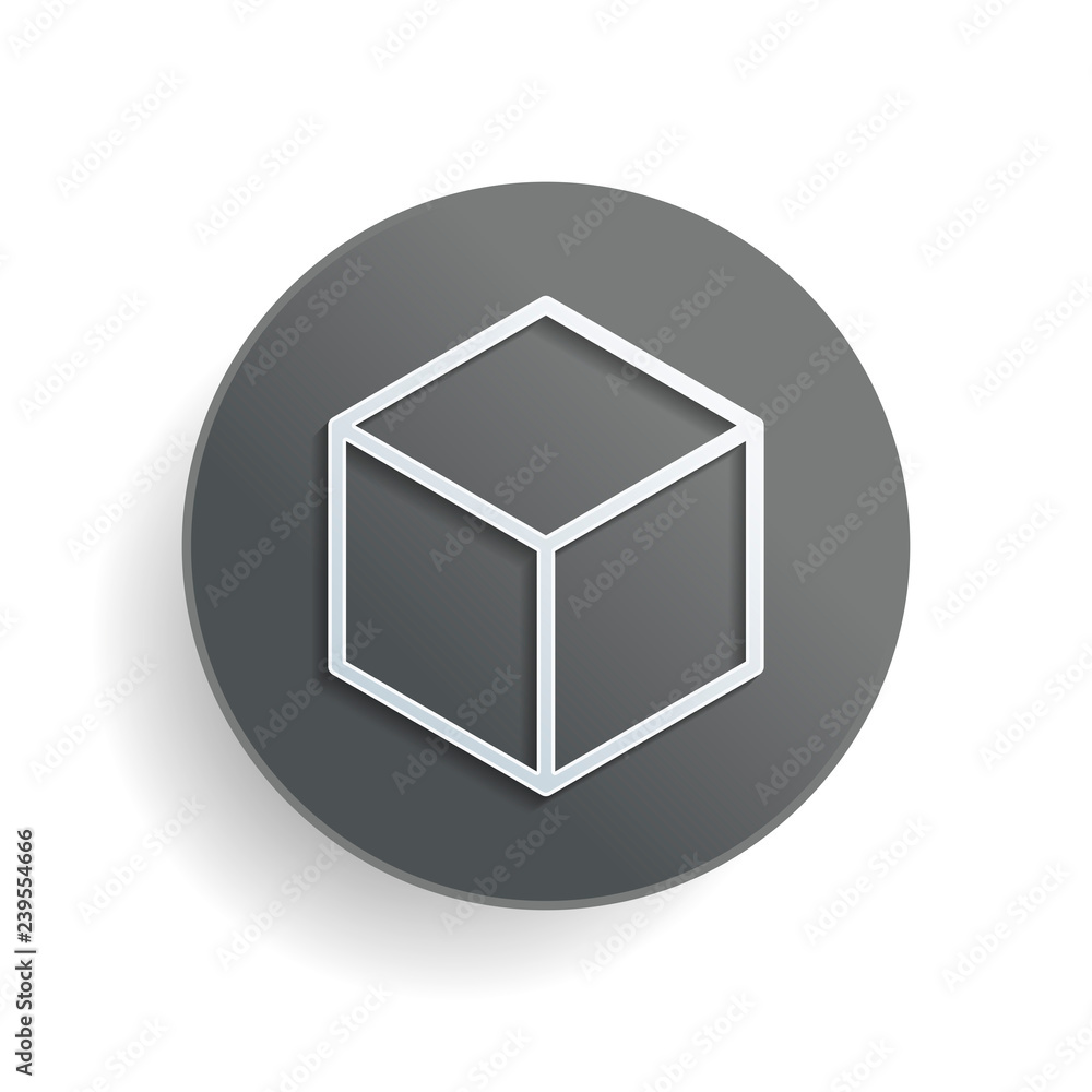 Poster geometric empty cube. simple outline icon. white paper symbol on gray round button or badge with sha