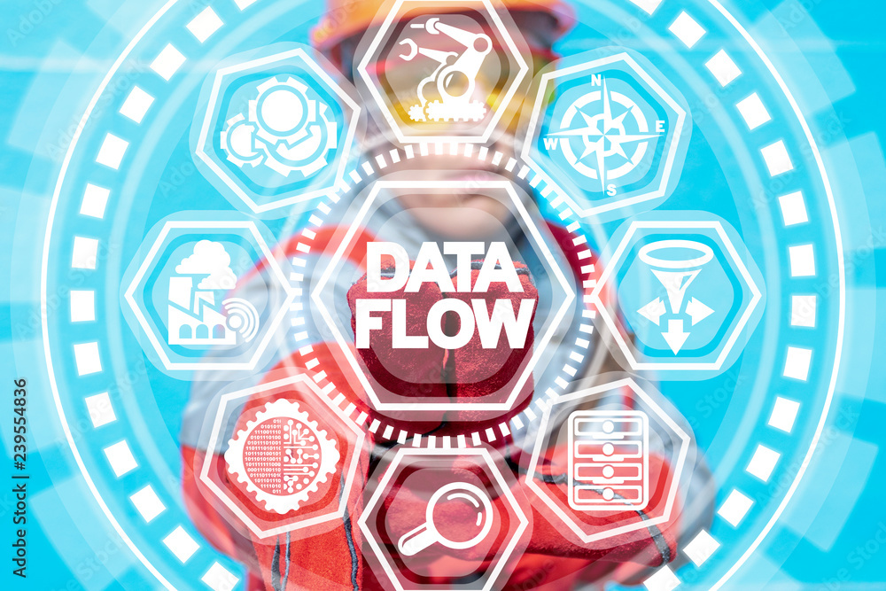 Poster industry man touched a data flow words button on a virtual screen. information database automation i