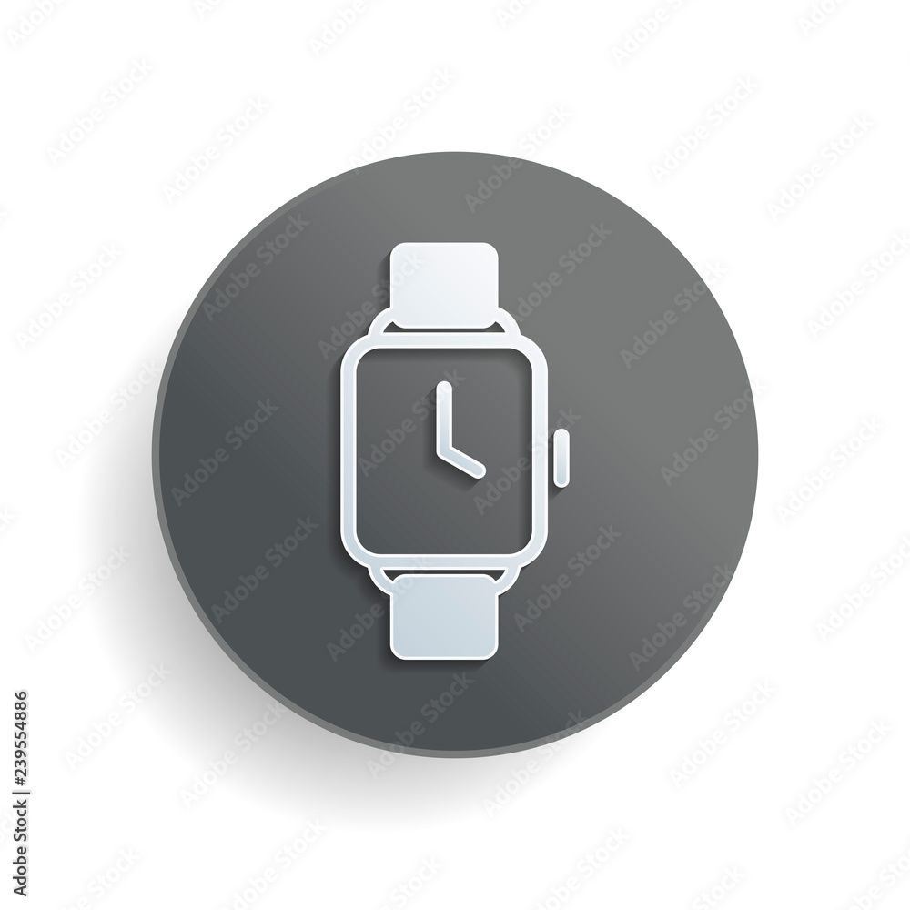 Poster hand smart watch with square display. technology icon. white paper symbol on gray round button or ba