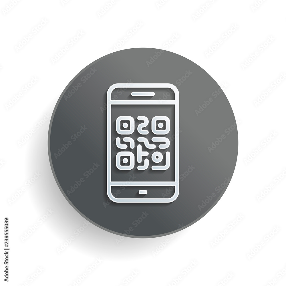 Poster qr code. scanning with cell phone. technology outline icon. white paper symbol on gray round button 