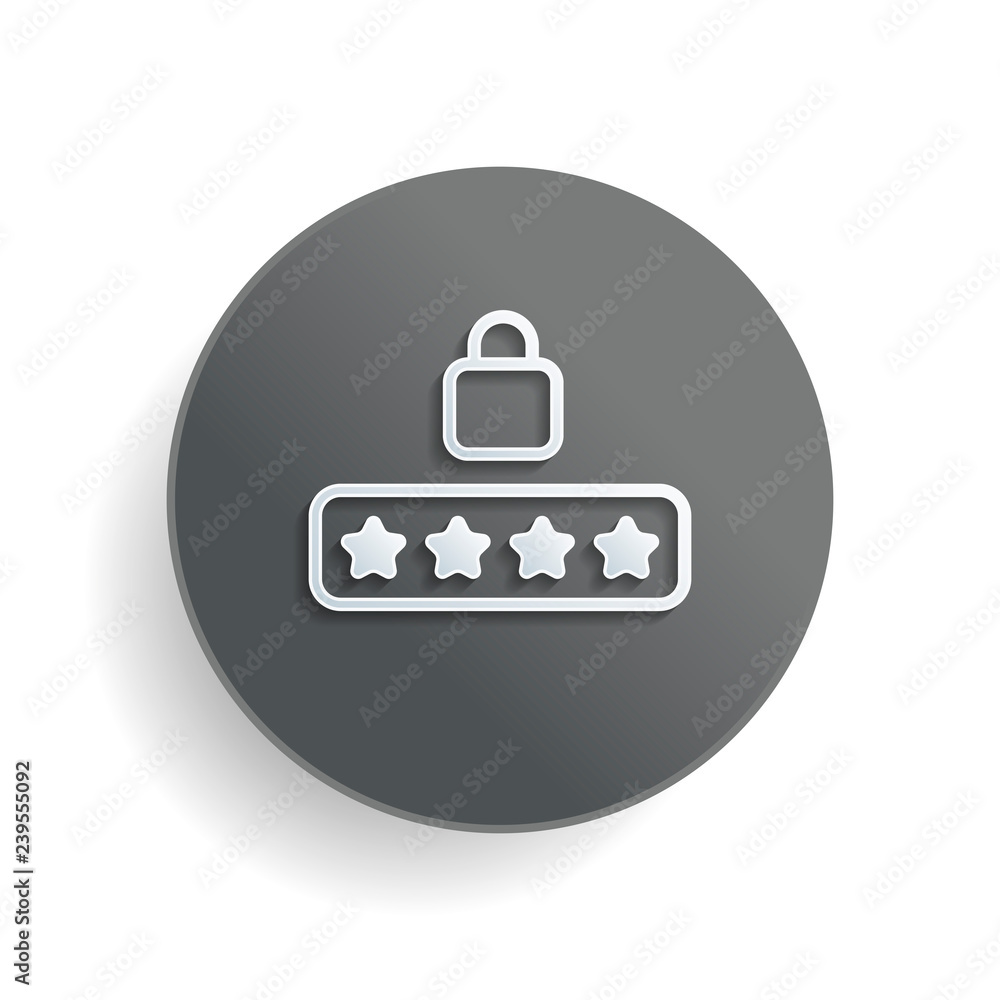 Poster pin code and lock. simple icon. white paper symbol on gray round button or badge with shadow