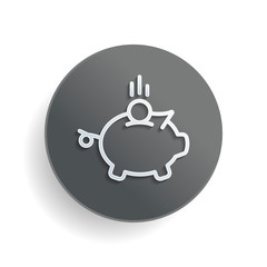 Obraz premium Piggy bank, dollar coin. Business icon. White paper symbol on gray round button or badge with shadow