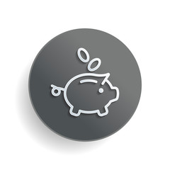 Piggy bank, dollar coins. Business icon. White paper symbol on gray round button or badge with shadow