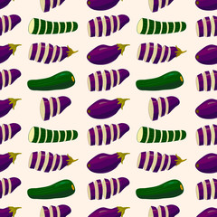 Veggie seamless pattern on light background. plant-based food colorful ornament. raw eggplant and marrow squash. Vegetarian and vegan kitchen, low calorie diet. Green and purple colors. image JPG