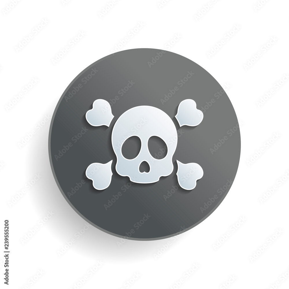 Poster skull and crossed bones. simple icon. white paper symbol on gray round button or badge with shadow