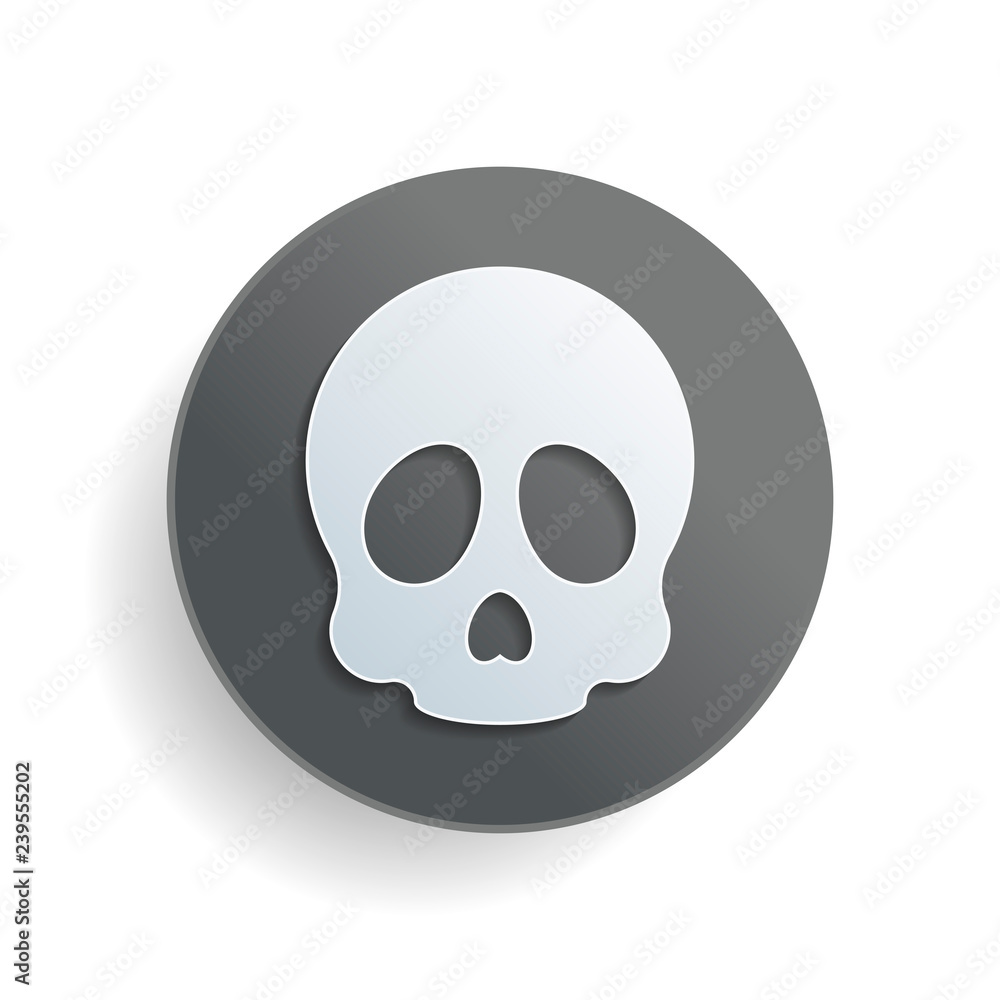 Poster simple skull icon. white paper symbol on gray round button or badge with shadow