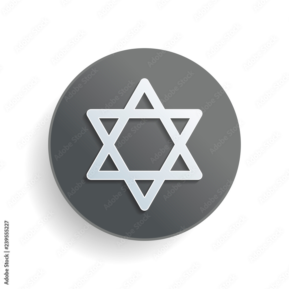 Poster star of david, simple icon. white paper symbol on gray round button or badge with shadow