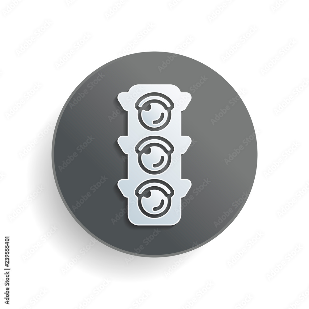 Aufkleber traffic light icon. white paper symbol on gray round button or badge with shadow
