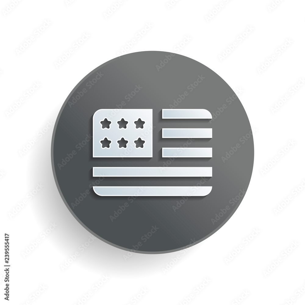Poster simple usa flag icon. rectangle shape. white paper symbol on gray round button or badge with shadow