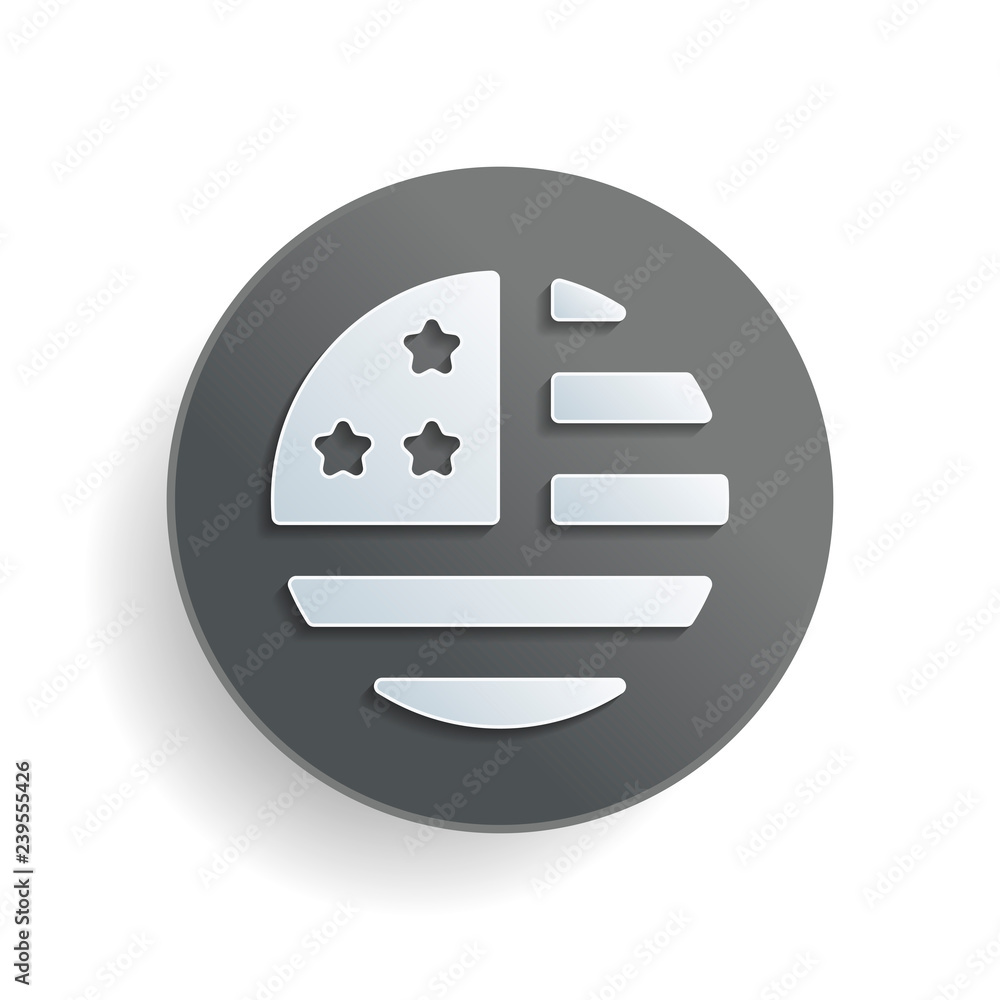 Poster simple usa flag icon. round shape. white paper symbol on gray round button or badge with shadow