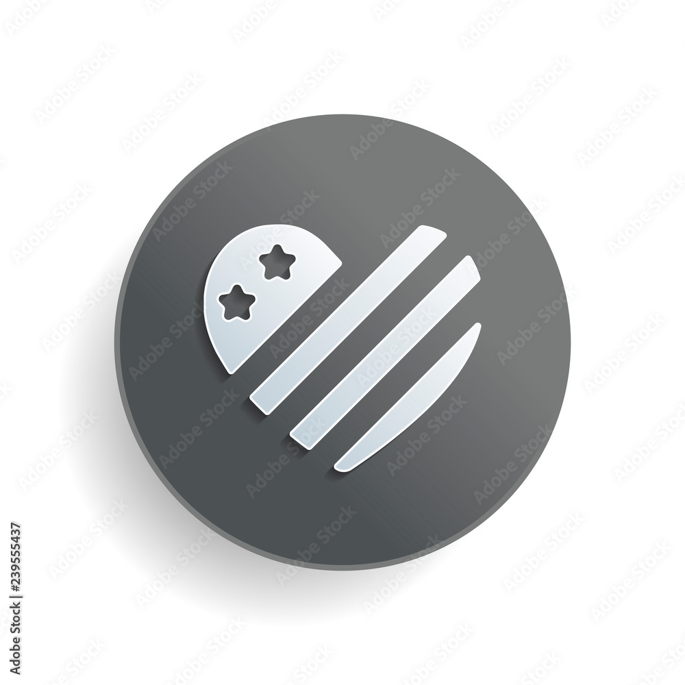 Poster simple usa flag icon. heart shape. white paper symbol on gray round button or badge with shadow