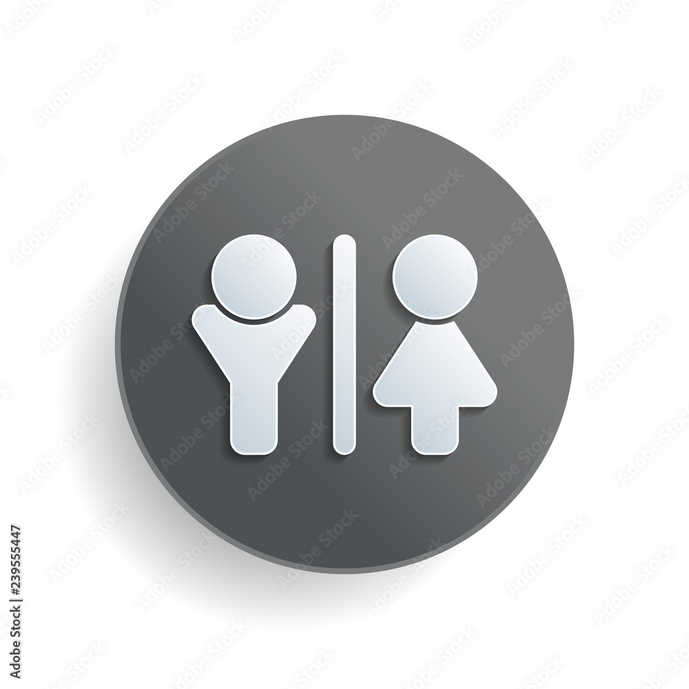 Poster wc icon. man and woman sign. white paper symbol on gray round button or badge with shadow