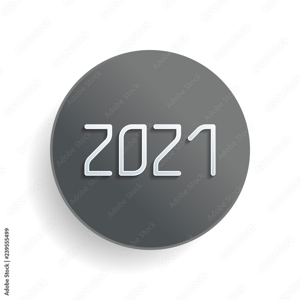 Poster 2021 number icon. happy new year. white paper symbol on gray round button or badge with shadow