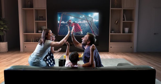 A family is watching a hockey moment and celebrating a goal, sitting on the couch in the living room. The living room is made in 3D.