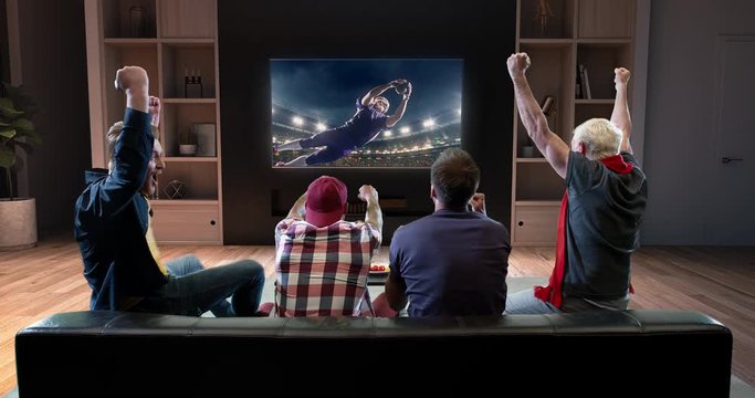 Group of fans are watching an American football moment on the TV and celebrating a victory, sitting on the couch in the living room. The living room is made in 3D.