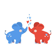 Obraz na płótnie Canvas Vector hand drawn illustration for kids of two cute little kissing elephant in love with red and blue hearts isolates on white background. Valentine card 2019
