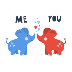 Vector hand drawn illustration for kids of two cute little kissing elephant in love with red and blue  hearts isolates on white background. Cut scandinavian lettering 