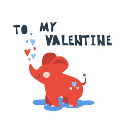 Naklejka premium Vector hand drawn illustration for kids of cute elephant in love with red and blue hearts isolates on white background. Cut scandinavian lettering 